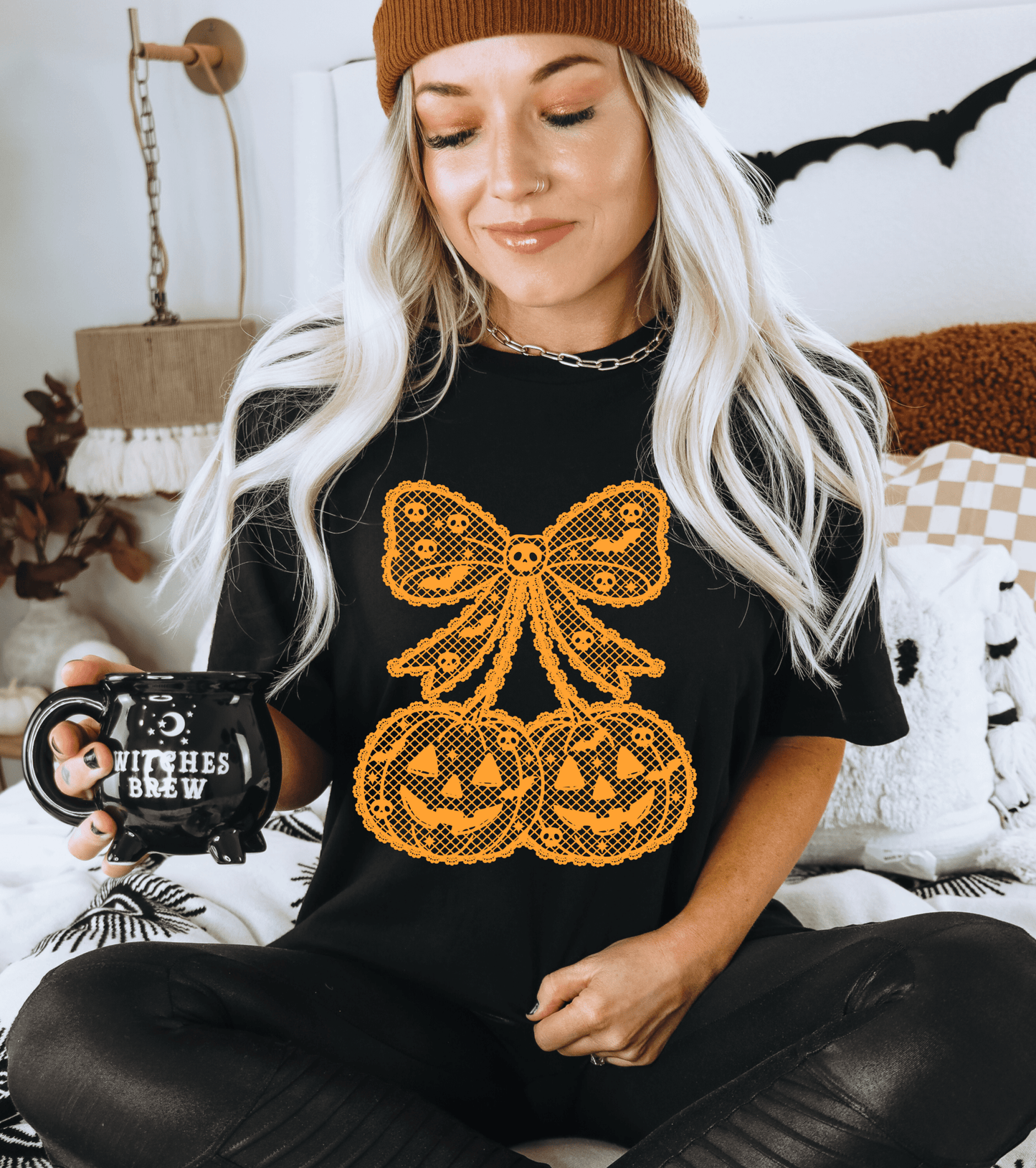 RTS HALLOWEEN PUMPKIN CHERRIES LACE BOW SCREEN PRINT transfer ADULT 10X12 - Do it yourself Transfers