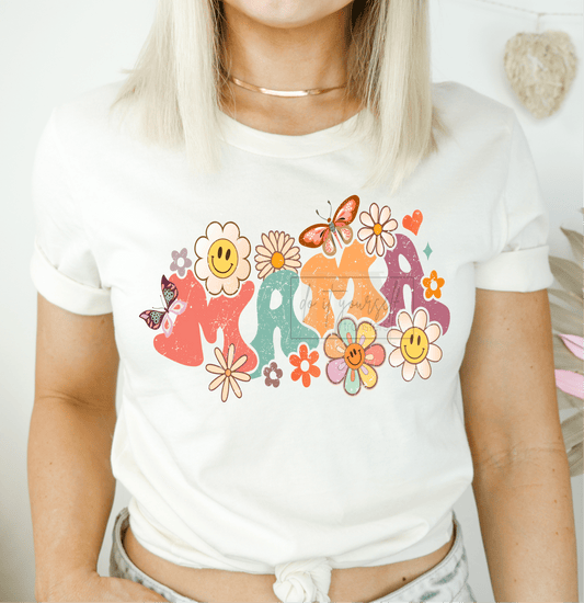 MAMA smiley face flowers butterflies vintage retro ADULT DTF TRANSFERPRINT TO ORDER - Do it yourself Transfers