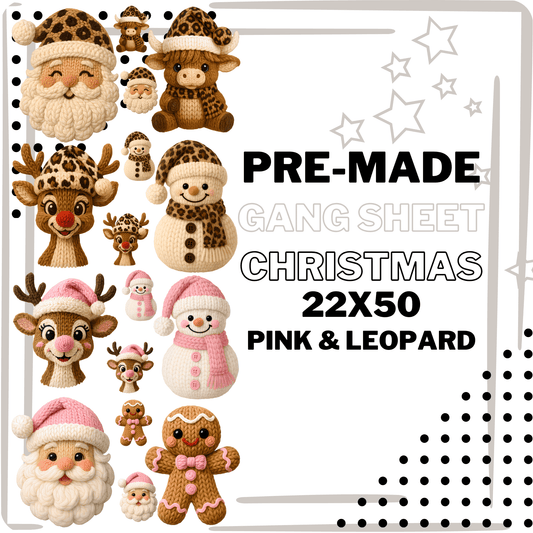 PRE - MADE CHRISTMAS PINK/LEOPARD YARN CROCHET THEMED GANG SHEET DTF DIRECT TO FILM transfers size 22x50 - Do it yourself Transfers