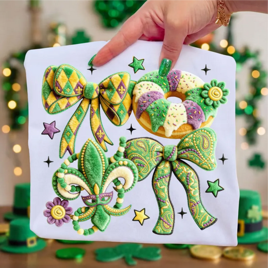 RTS KING CAKE BOW MARDI GRAS DTF DIRECT TO FILM transfers ADULT 10X11.5 - Do it yourself Transfers