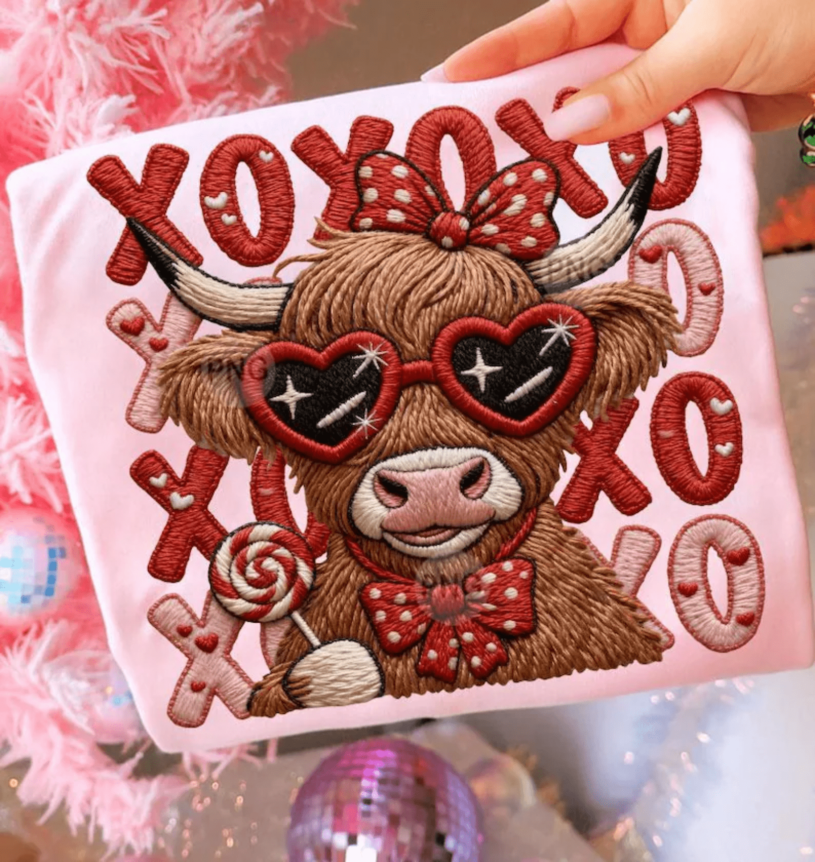 RTS XOXOXO COW VALENTINE YARN FAUX DTF DIRECT TO FILM transfers ADULT 10X12 - Do it yourself Transfers